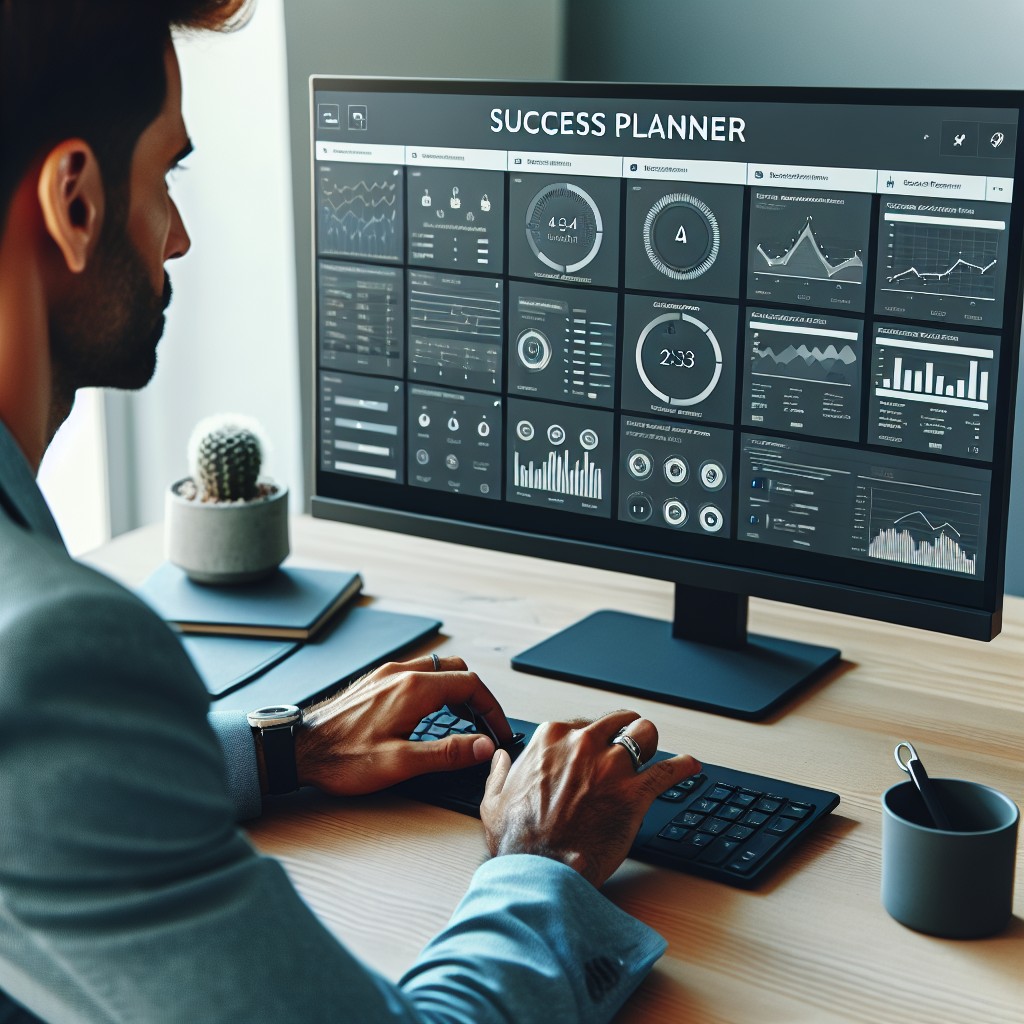 Vue d’un professionnel utilisant le Succes Planner sur un ordinateur avec un tableau de bord projet à l'écran.
