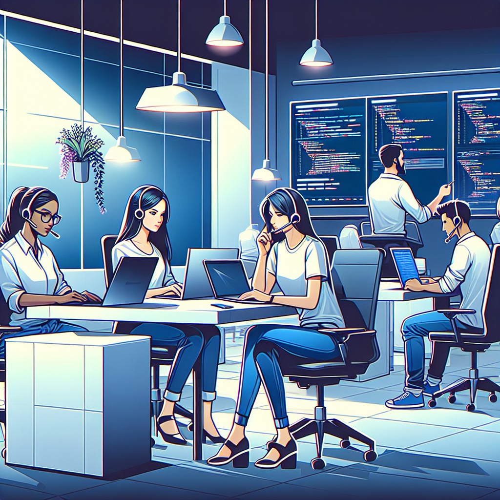 Illustration de bureau moderne avec des spécialistes en technologie travaillant sur des solutions digitales.