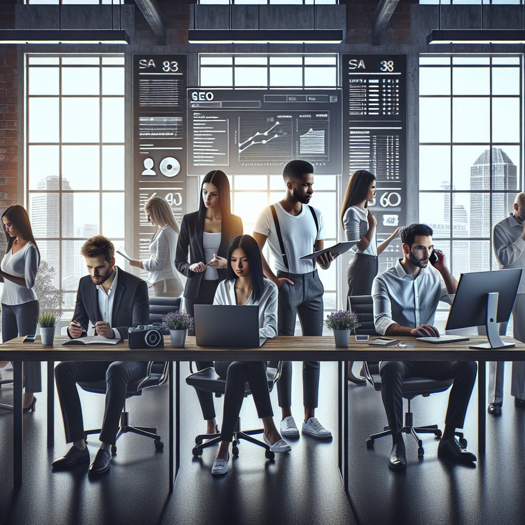 Image de couverture montrant une équipe de professionnels en SEO travaillant ensemble dans un bureau moderne