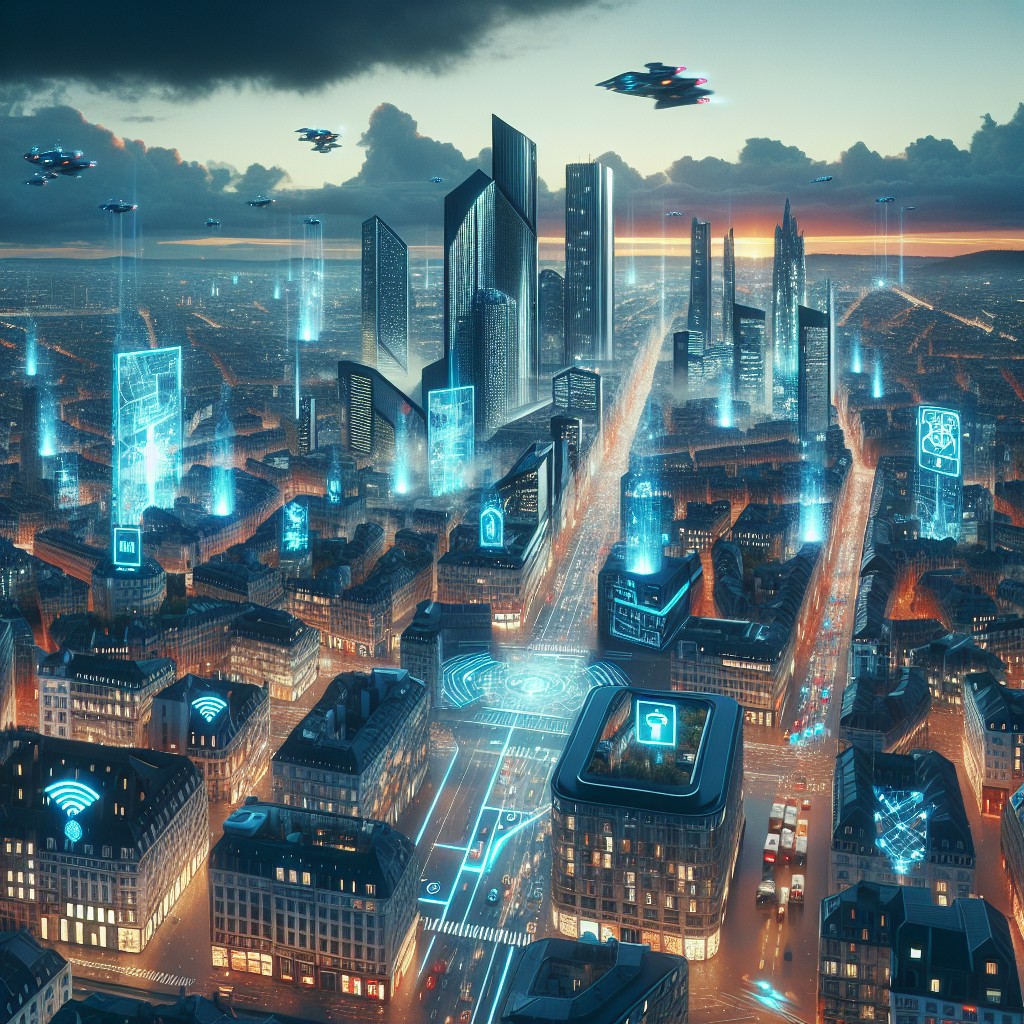 Vue aérienne de Bruxelles avec une ambiance futuriste, illustrant le dynamisme digital de la ville.