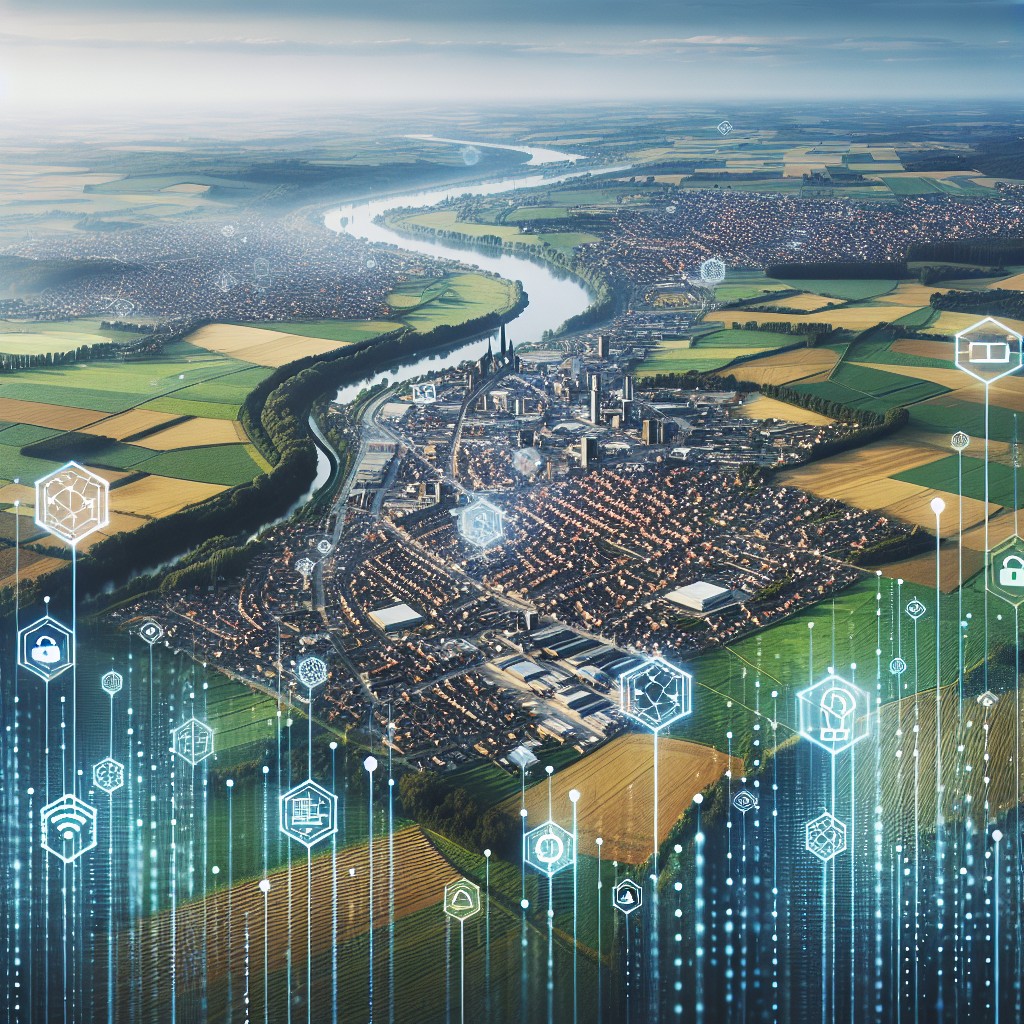 Une vue aérienne moderne de la Wallonie, symbolisant la transformation digitale en cours dans la région.