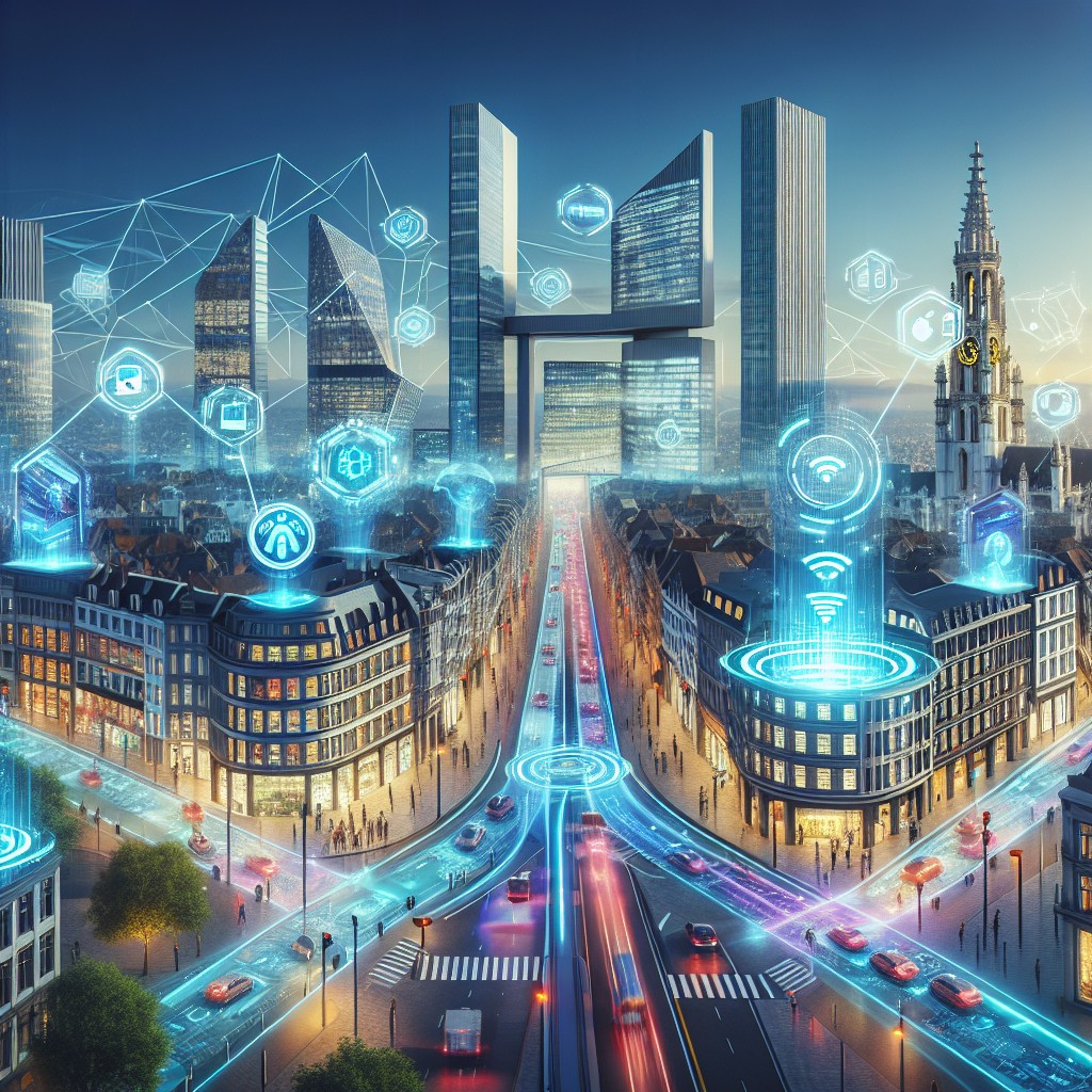 Vue futuriste de la Belgique indiquant l'innovation digitale dans un paysage urbain connecté