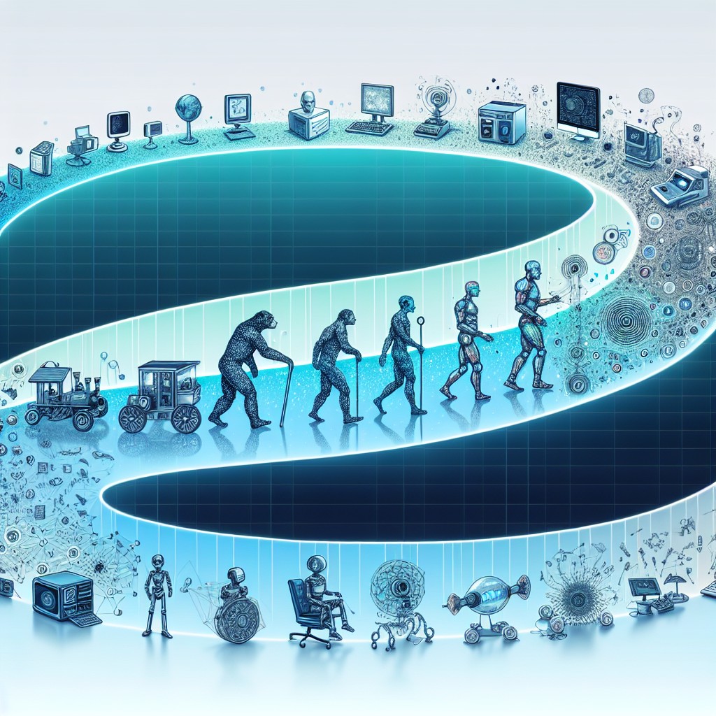 Image de couverture montrant une représentation visuelle de l'évolution technologique, incluant des éléments comme des ordinateurs, des robots, et des données numériques connectées.