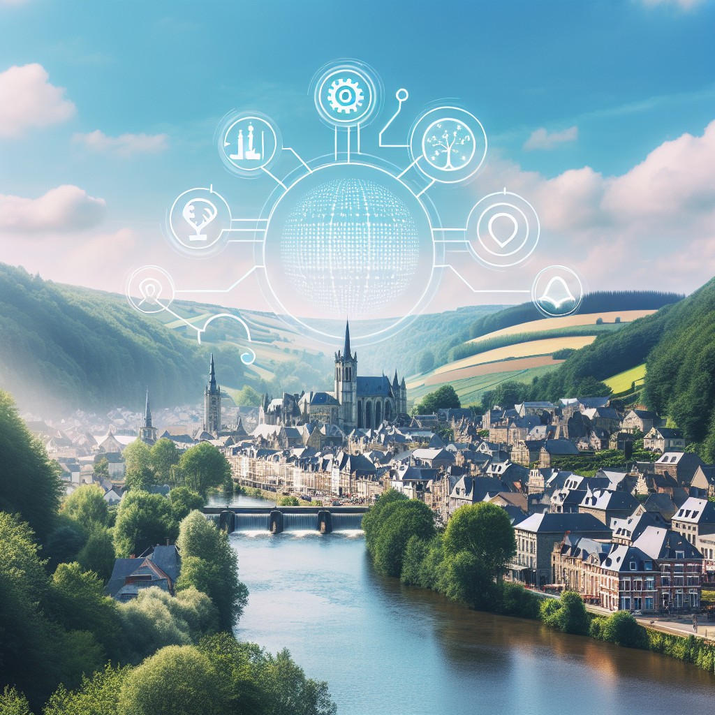 L'image montre une vue pittoresque de la Wallonie avec en surimpression des icônes symbolisant la technologie et l'innovation, illustrant la fusion entre tradition et modernité.