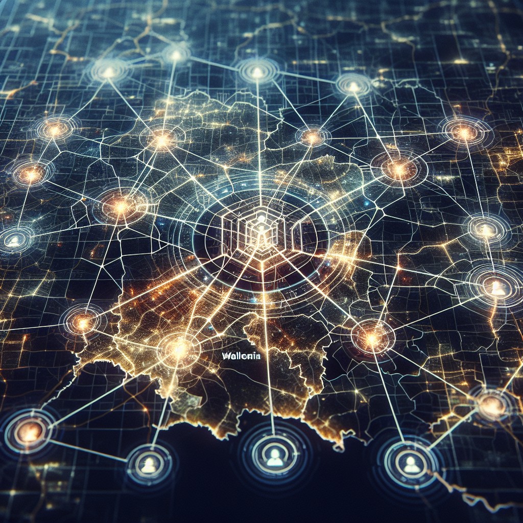 Vue symbolique d'un réseau cybernétique sur fond de carte de Wallonie, illustrant la cybersécurité.