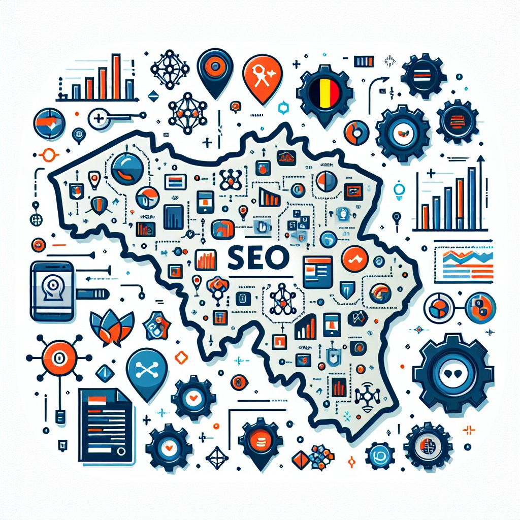 Image montrant une carte de la Belgique entourée de symboles SEO comme des graphiques, des algorithmes et des icônes d'IA.