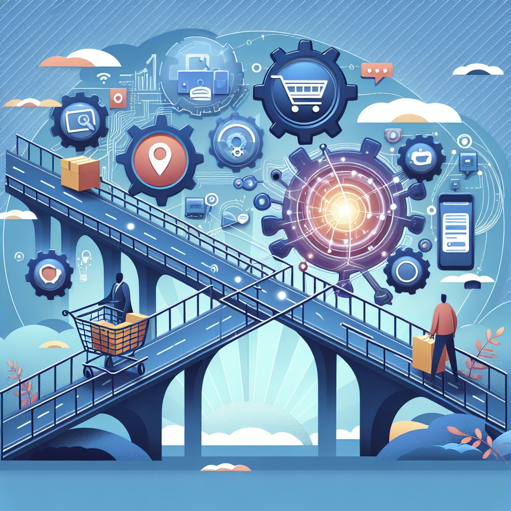 Illustration montrant une intégration harmonieuse entre les plateformes e-Commerce et CRM, symbolisée par un pont technologique reliant aisément les deux systèmes.