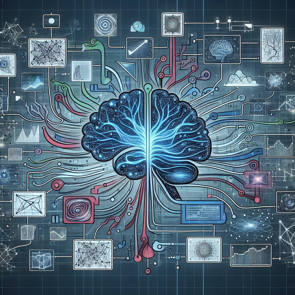 Illustration d'un réseau neuronale et les applications variées du Machine Learning dans le monde numérique.