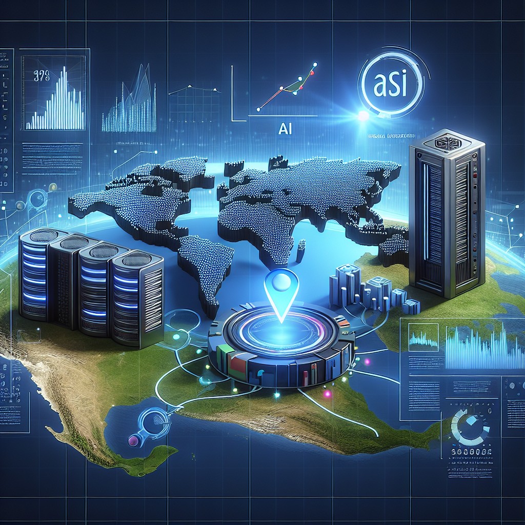 Une image symbolisant l'évolution du référencement local grâce à l'Intelligence Artificielle, montrant des outils digitaux et des données géographiques.