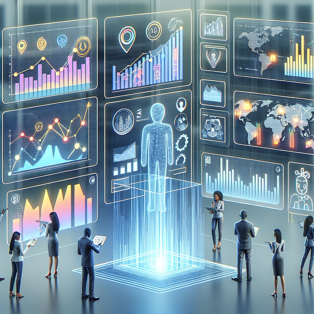 Illustration montrant une analyse de données et des graphiques symbolisant l'optimisation de la visibilité locale des entreprises grâce à l'IA.