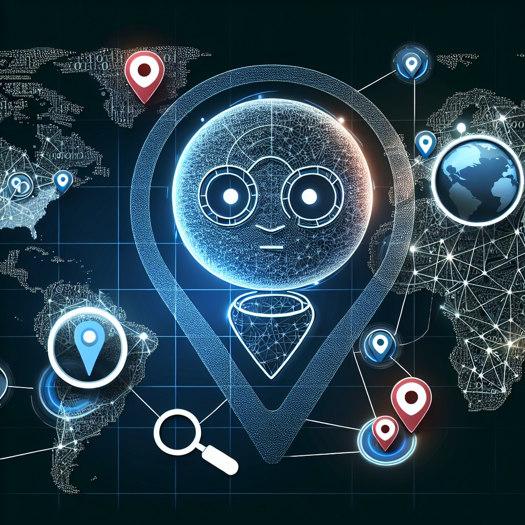 Une illustration montrant l'intégration de technologies d'intelligence artificielle dans le processus de référencement local, avec des icônes de géolocalisation et d'IA.