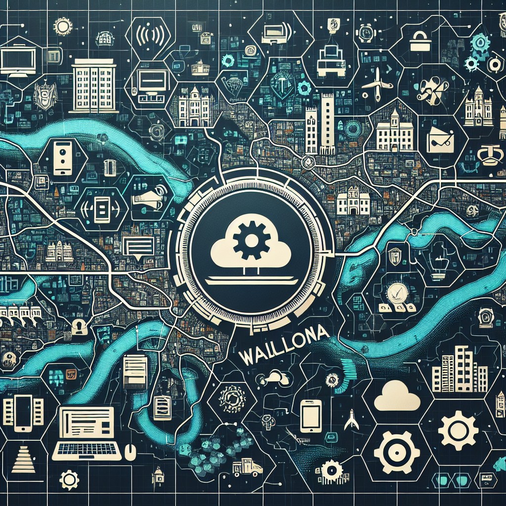 Une image de la carte de Wallonie avec des icônes technologiques pour illustrer la transformation digitale des entreprises dans la région.