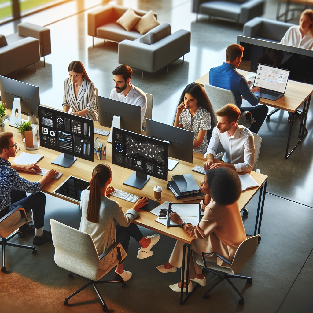 Vue aérienne de bureaux modernes avec des équipes travaillant sur des solutions digitales.