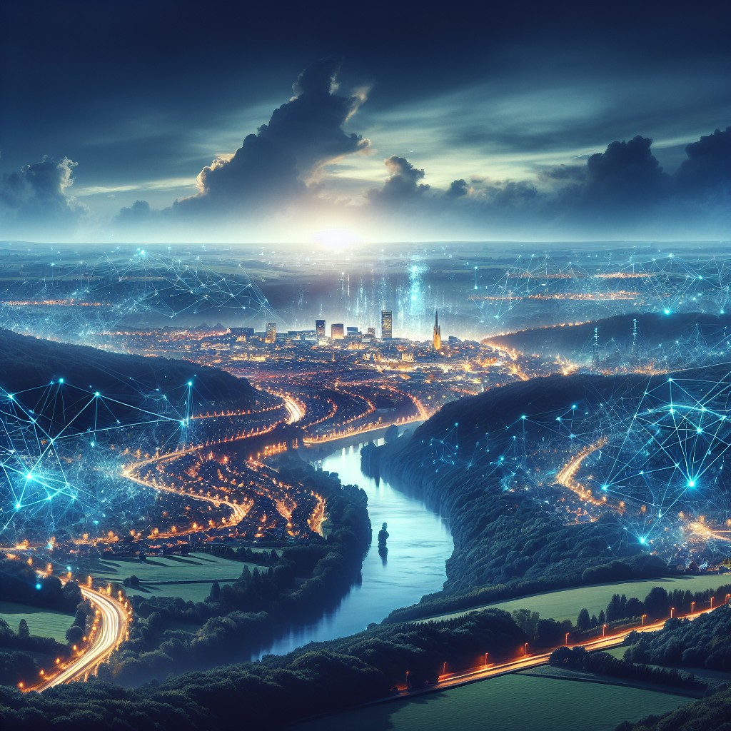 Image de la Wallonie en pleine transformation numérique avec des éléments de technologie comme des nuages et des réseaux de connexions.