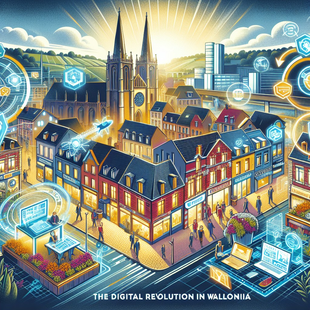 Illustration représentant la révolution numérique en Wallonie avec des éléments technologiques modernes et entreprises locales.