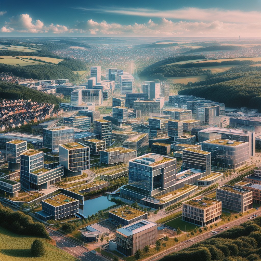 Vue panoramique de la Wallonie avec des startups technologiques et infrastructures modernes en arrière-plan.