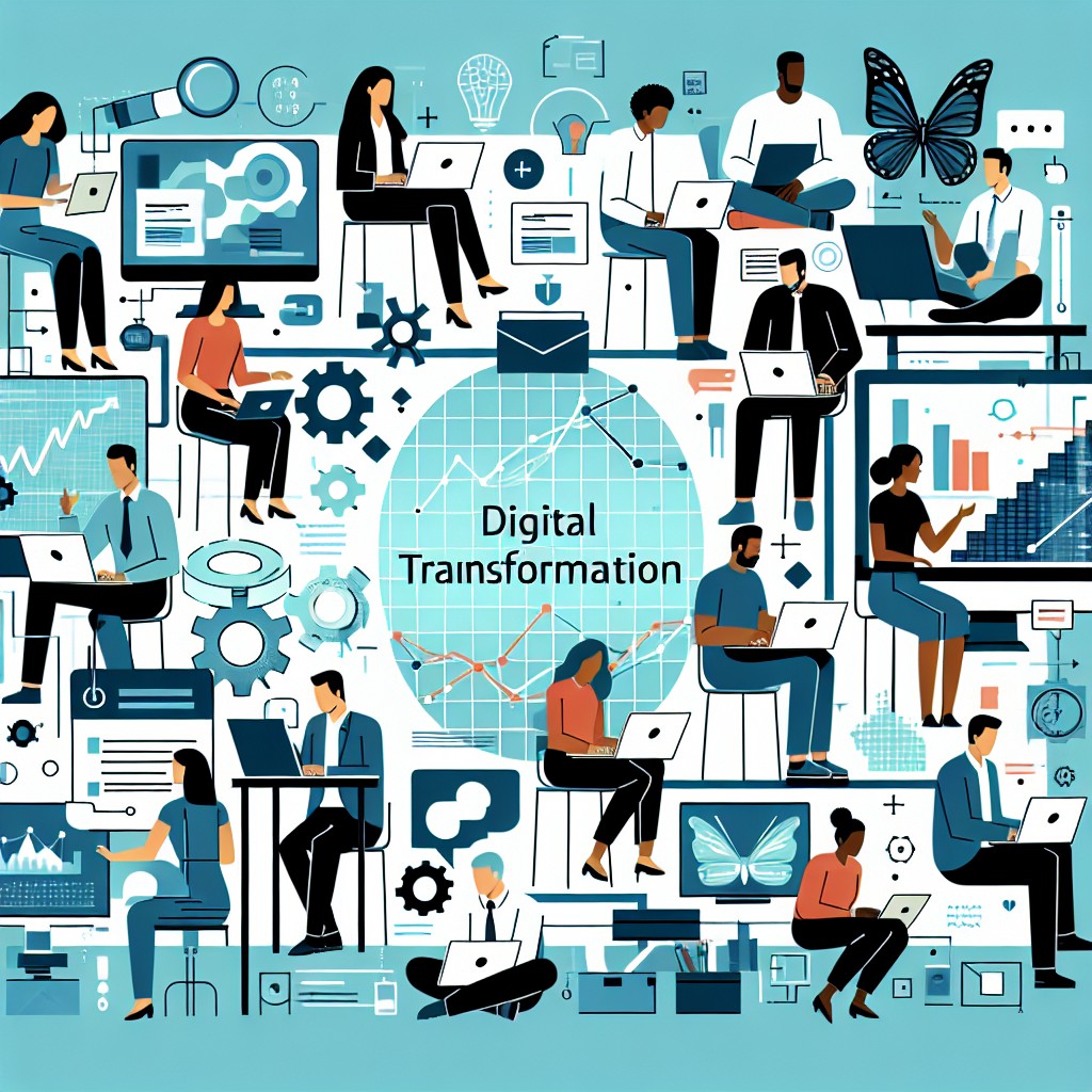 Image de couverture représentant la transformation digitale, avec des éléments technologiques comme des ordinateurs, des graphiques de données et des équipes collaborant.