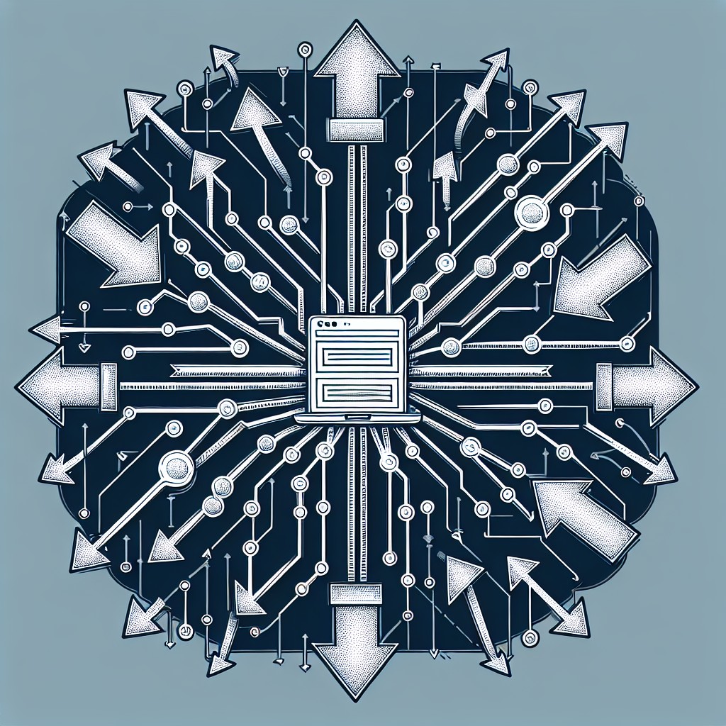 Illustration of a web of interconnected websites with arrows pointing towards the central site, symbolizing backlinks.