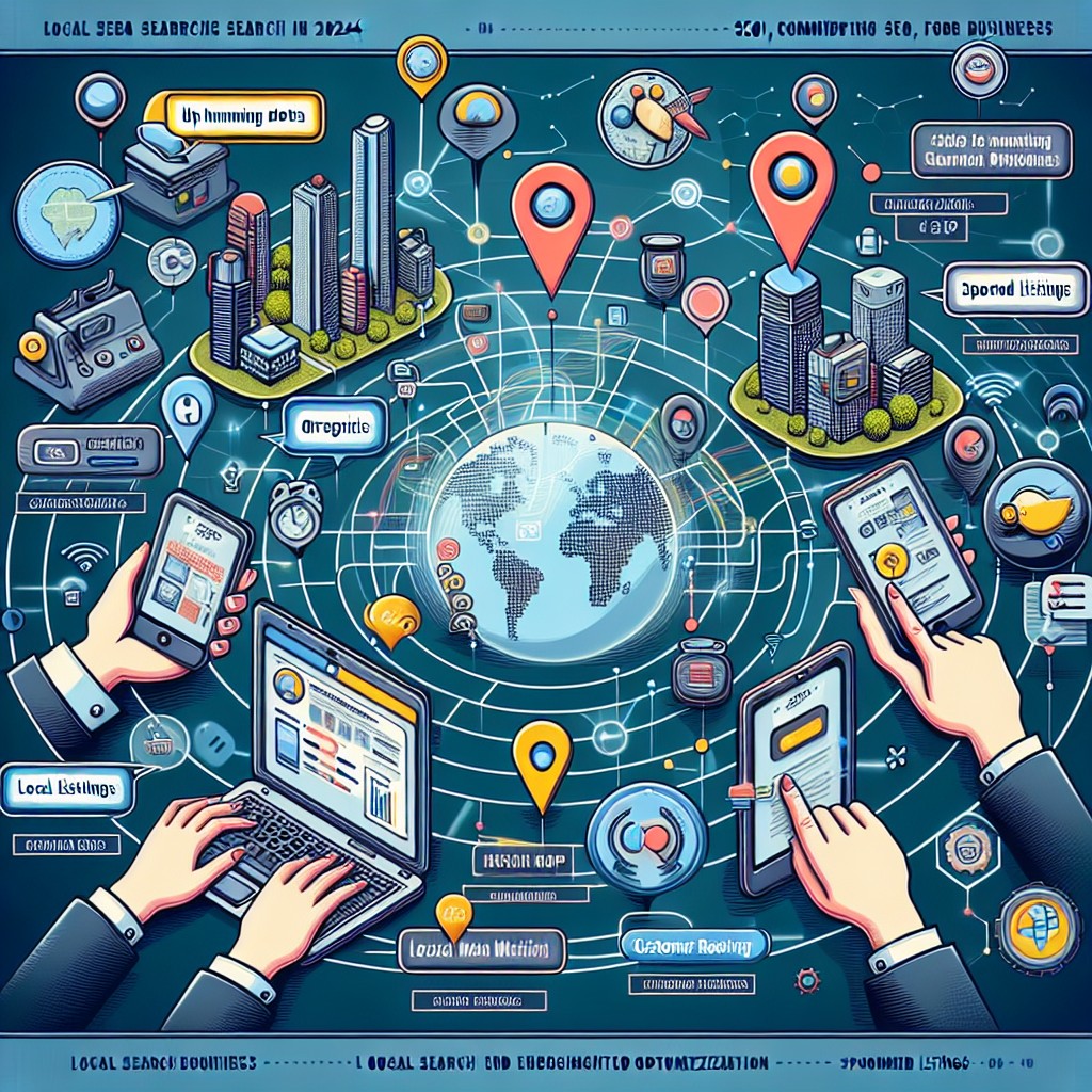 Une illustration représentant les dernières tendances en référencement local pour les entreprises en 2024, incluant des éléments technologiques et interactifs.