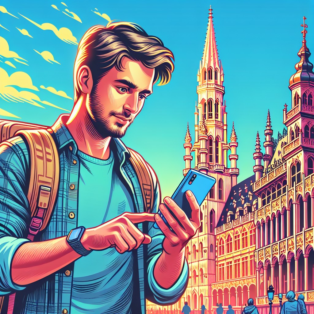 Illustration numérique d'un voyageur utilisant un smartphone pour explorer Bruxelles