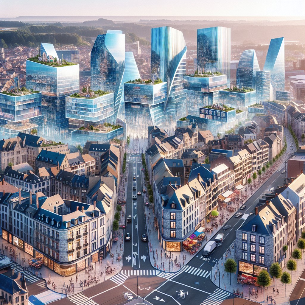 Vue aérienne d'une ville moderne en Wallonie, illustrant la fusion de la technologie et de la culture locale.