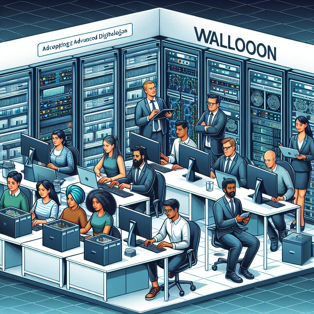 Illustration montrant une entreprise wallonne adoptant des technologies digitales avancées avec des employés travaillant sur des ordinateurs et des serveurs.