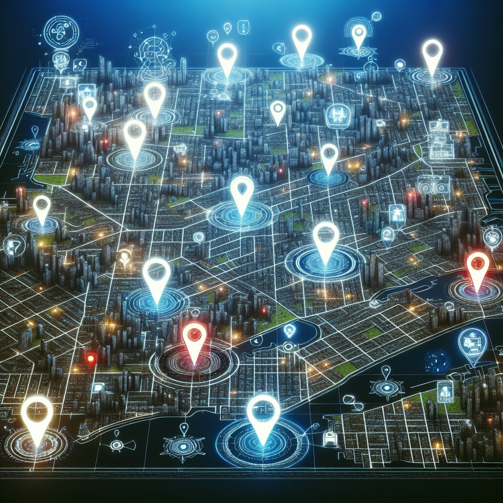 Cover image of the article showing a city map with location markers and digital SEO icons, symbolizing local business optimization through AI.