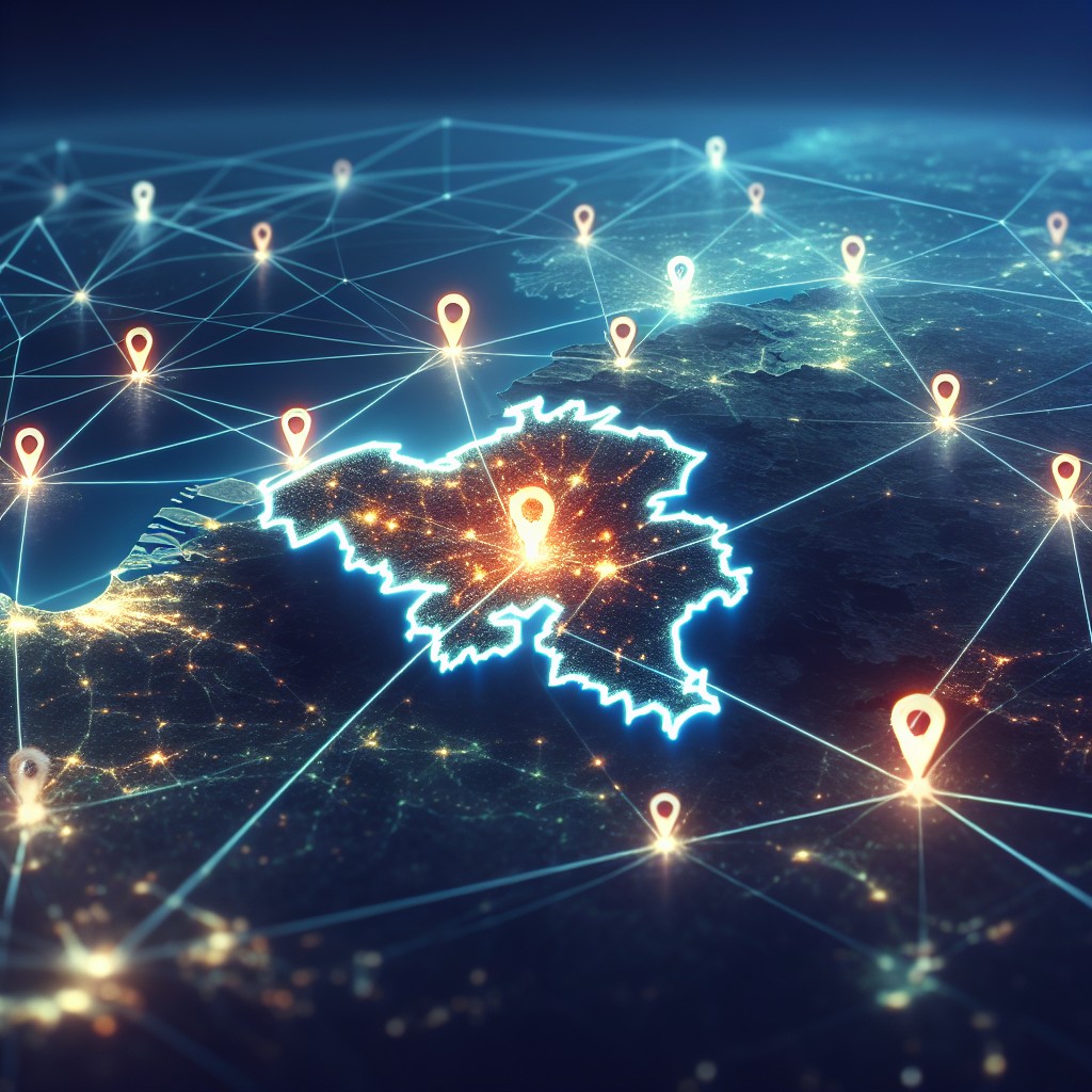 Une carte de la Belgique illuminée par des points de connexion symbolisant le SEO local