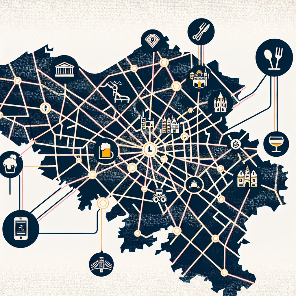 Image d'une carte de la Belgique avec des icônes symbolisant des points d'intérêt locaux connectés par des lignes de réseau, illustrant le SEO local.