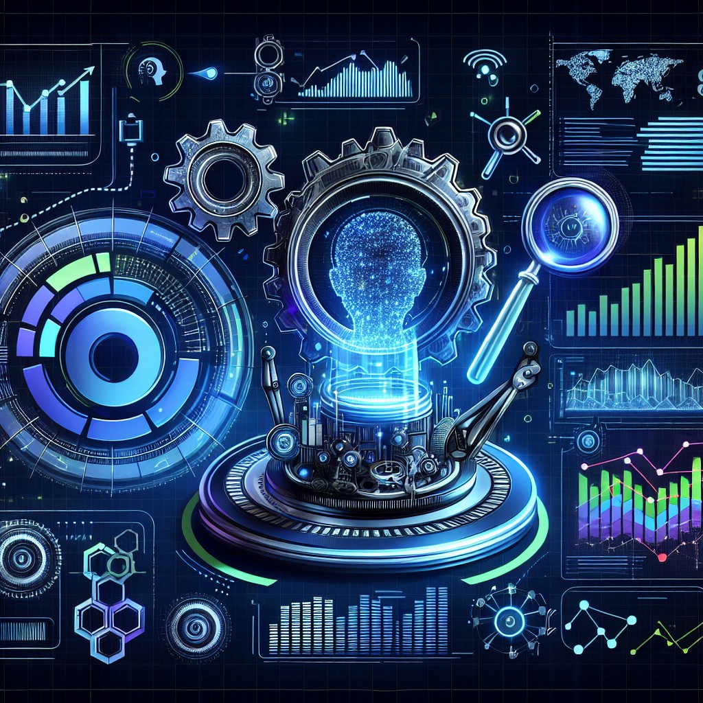 Illustration de l'automatisation SEO intégrant des technologies avancées comme l'IA et le Machine Learning, avec un fond représentant des graphiques de performance.