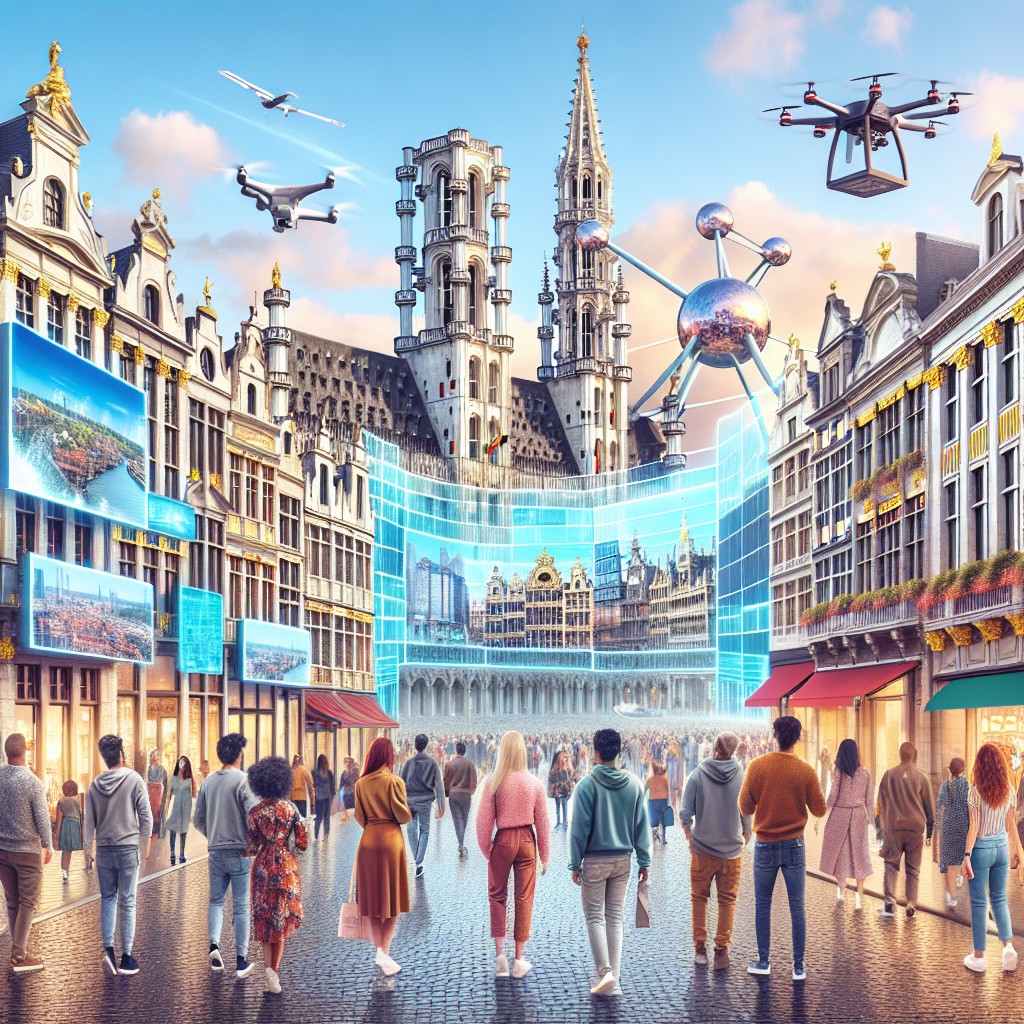 Une vue moderne de Bruxelles avec des éléments technologiques intégrés aux sites touristiques.