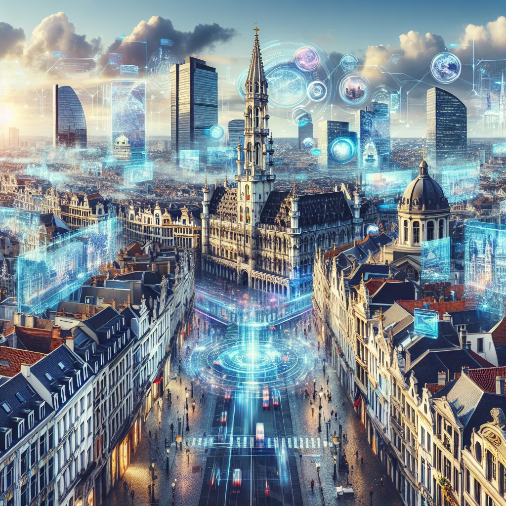 Vue panoramique de Bruxelles avec des éléments technologiques modernes intégrés, reflétant la fusion du patrimoine culturel et des innovations digitales.