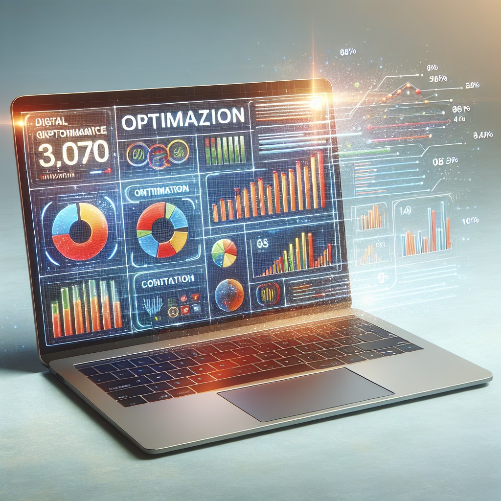 Une image de concept d'optimisation digitale montrant un ordinateur portable avec des graphiques et des statistiques sur l'écran.