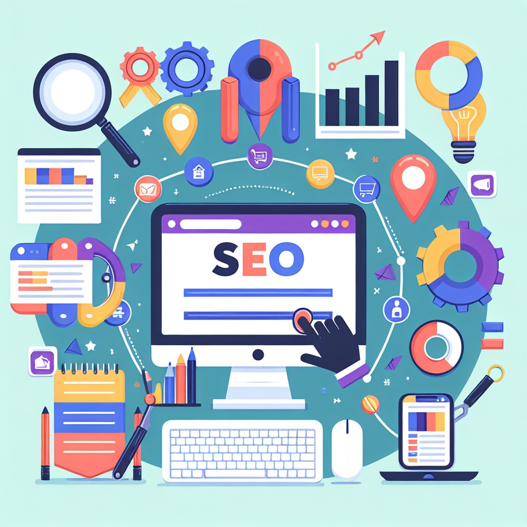 une illustration montrant divers outils SEO accessibles alignés autour d'un ordinateur, symbolisant l'optimisation abordable pour les PME