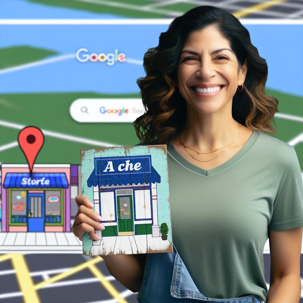 Alt text : Un propriétaire d'entreprise souriant devant son établissement, avec une carte de Google Maps affichée en arrière-plan.