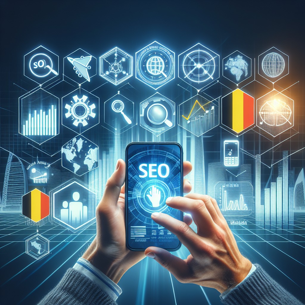 Image de couverture représentant des graphiques SEO et une main tenant un smartphone, montrant l'importance du SEO en 2024 pour les entreprises en Belgique.