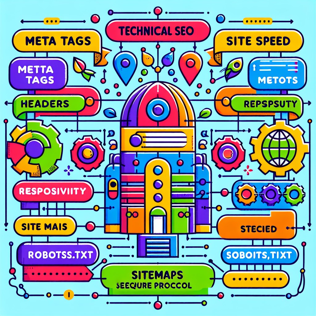 Graphique coloré illustrant les composantes du SEO technique appliquées à un site web