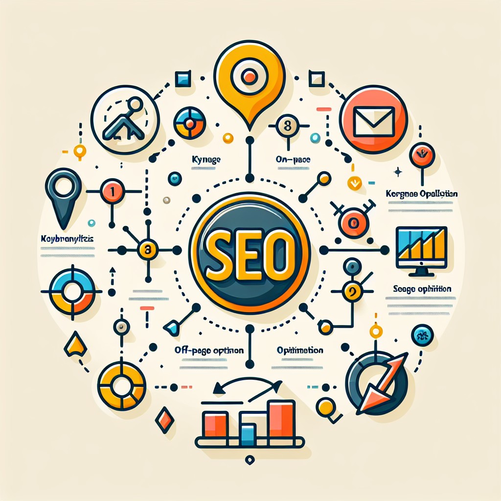 Un graphique illustrant les différents éléments du SEO, incluant l'analyse de mots-clés, l'optimisation on-page et off-page, et l'importance du contenu.