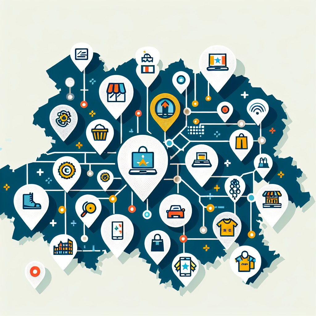 Carte de la Belgique avec des icônes symbolisant différentes entreprises locales augmentant leur visibilité en ligne