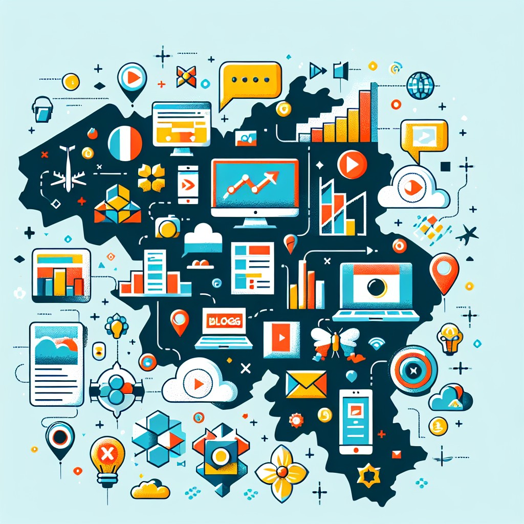Illustration de divers éléments de contenu numériques comme des blogs, vidéos et infographies intégrés dans une carte de la Belgique.