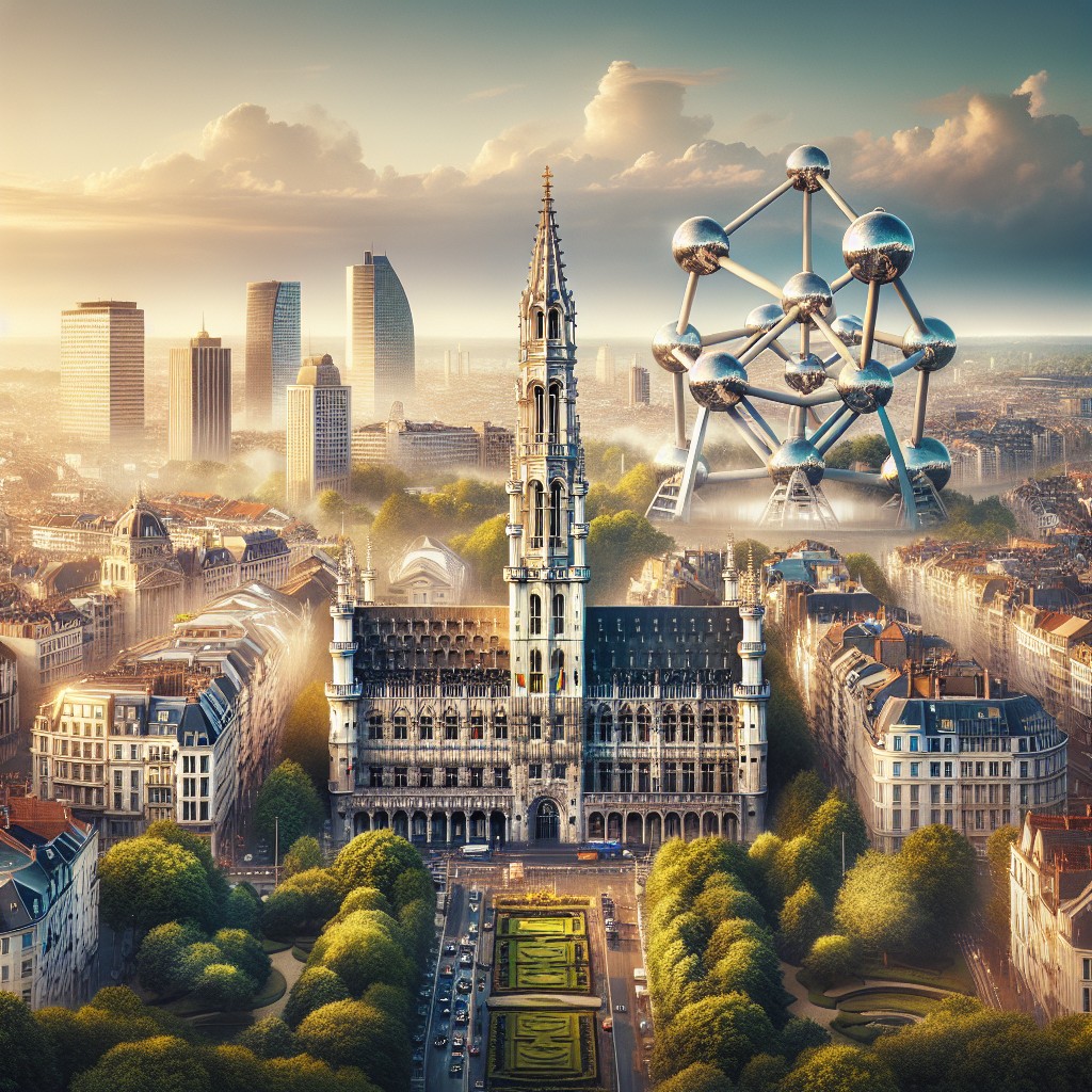 Une vue panoramique de Bruxelles avec des points de repère emblématiques comme l'Hôtel de Ville et l'Atomium, symbolisant la fusion de l'histoire et de la technologie moderne.