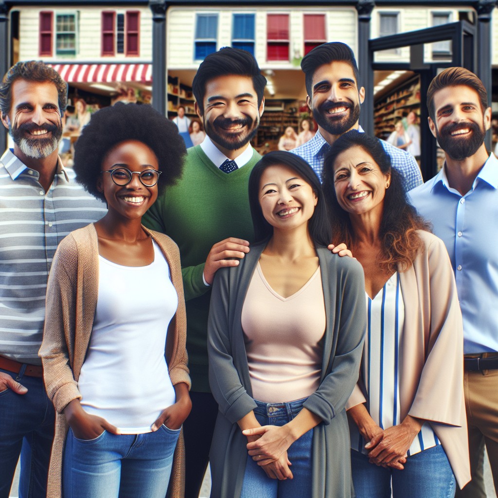 Une image illustrant des propriétaires de petites entreprises satisfaits avec des clients, devant leur établissement en pleine activité.