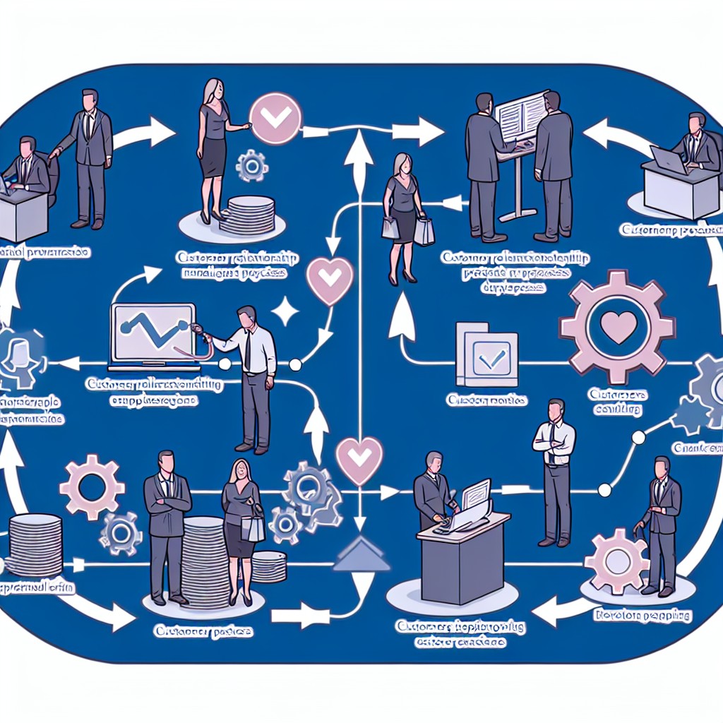 Un diagramme illustrant l'intégration d'un CRM dans les processus d'une entreprise locale, montrant des clients satisfaits et fidélisés.