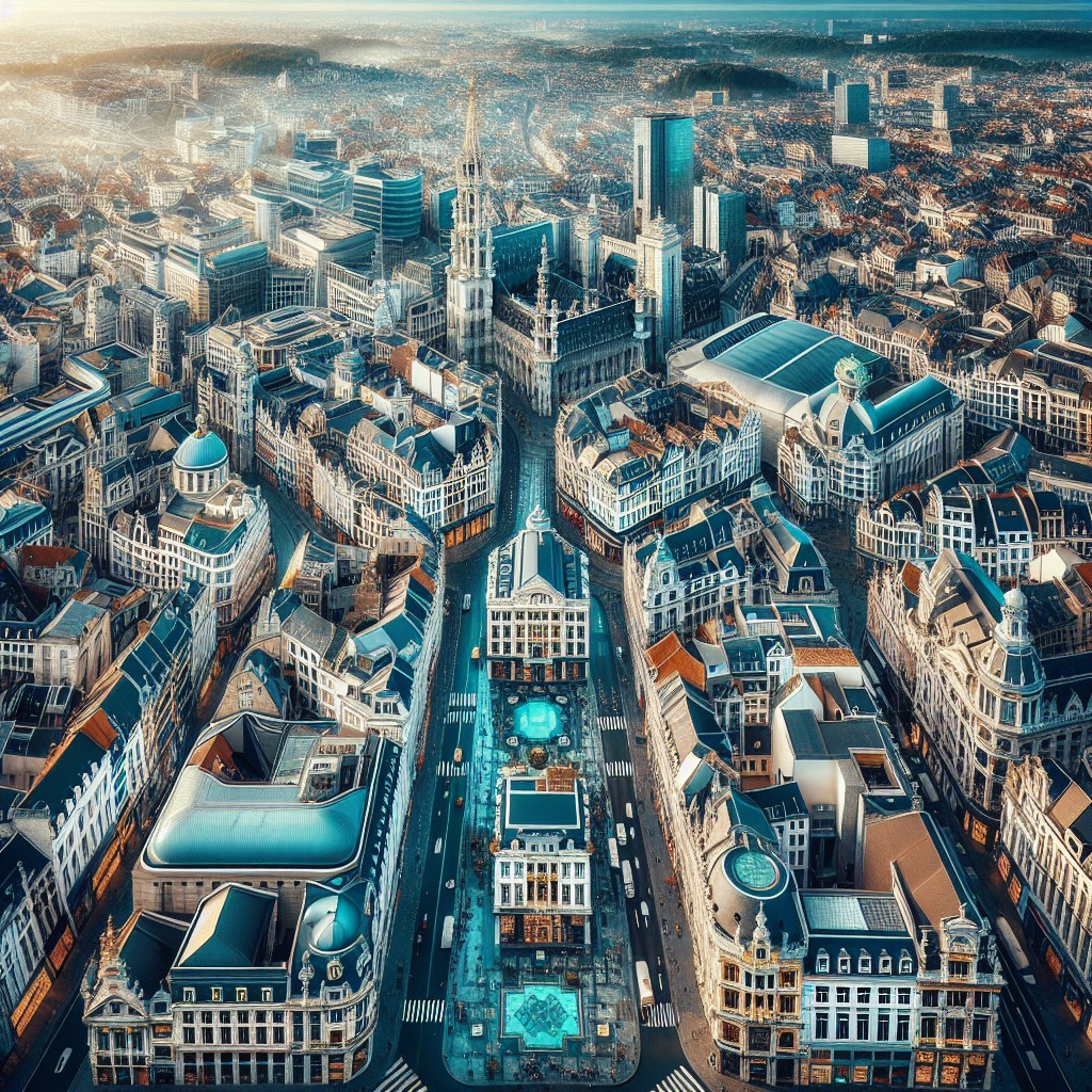 Vue aérienne de Bruxelles montrant à la fois ses monuments célèbres et ses infrastructures technologiques modernes.