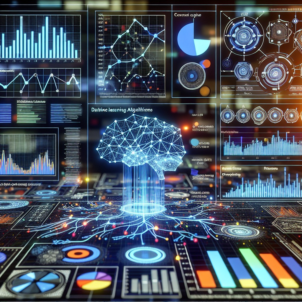 Visuel montrant une analyse de données marketing avec des graphiques et des algorithmes de machine learning.