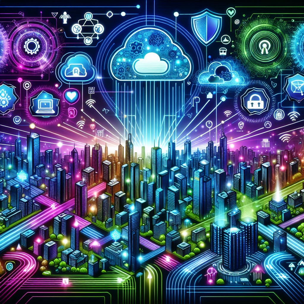 Illustration d'une ville numérique avec des icônes représentant différentes technologies et stratégies digitales.