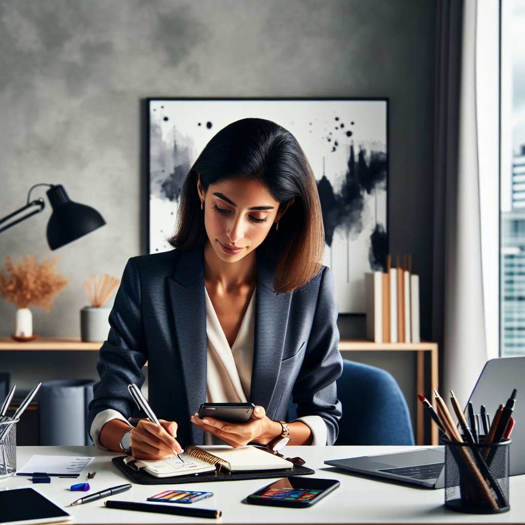 Un professionnel utilisant un planificateur numérique sur une table de bureau avec un fond moderne.