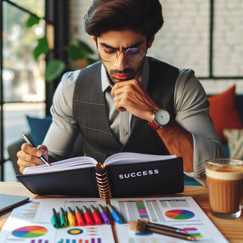 Une personne examinant attentivement son succès planner ouvert sur une table, entouré de stylos colorés et d'une tasse de café