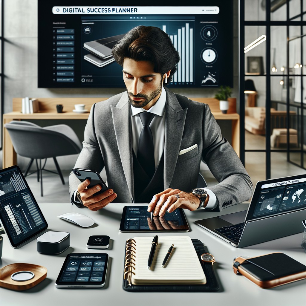 Un professionnel utilisant un Succès Planner numérique sur plusieurs appareils, symbolisant l'organisation et la productivité.