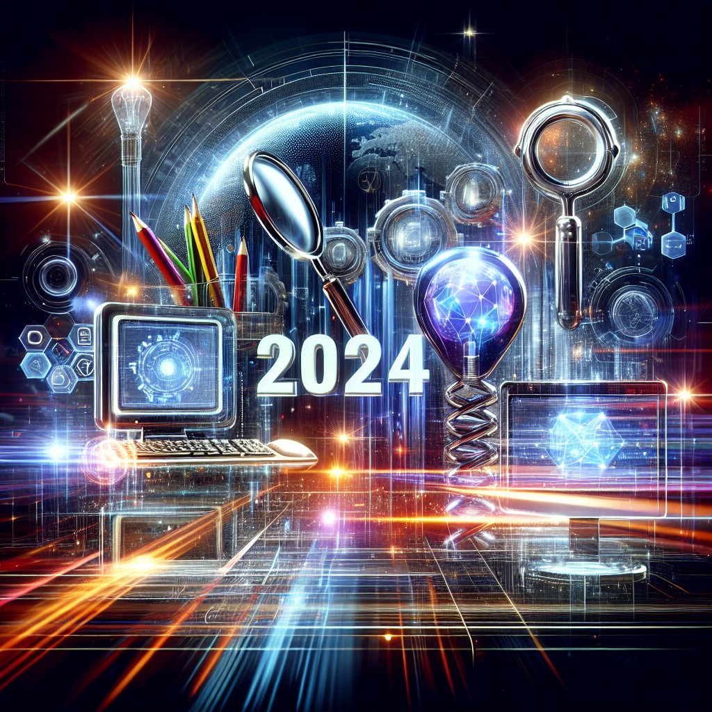 Image de couverture illustrant les tendances SEO de 2024 avec des éléments de technologie numérique et de recherche.